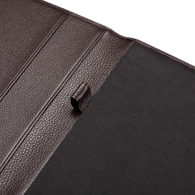 HISCOW Slim Leather Junior Padfolio, 5x8 Notepad Cover, Pebbled Coffee | Full-grain tumbled cowhide, top-loading legal pad holder, rigid pen loop, quick-access card slot, zipperless boardroom design