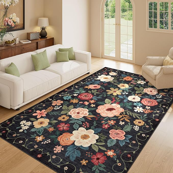 DUKINO 5x8 Area Rug for Living Room, Washable Lightweight Non Slip Floral Bedroom Rug with Non Shedding Design, Soft Low Pile Large Indoor Carpet for Dining Room, Kids Playroom, Nursery, Office, Black