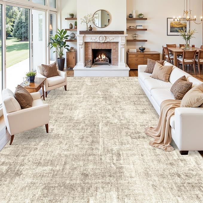 12x15 Area Rug for Living Room – Extra Large Modern Neutral Abstract Washable Carpet, Soft Low Pile Non-Slip Stain-Resistant Oversized Rug for Bedroom Dining Room Home Office (Warm Beige)