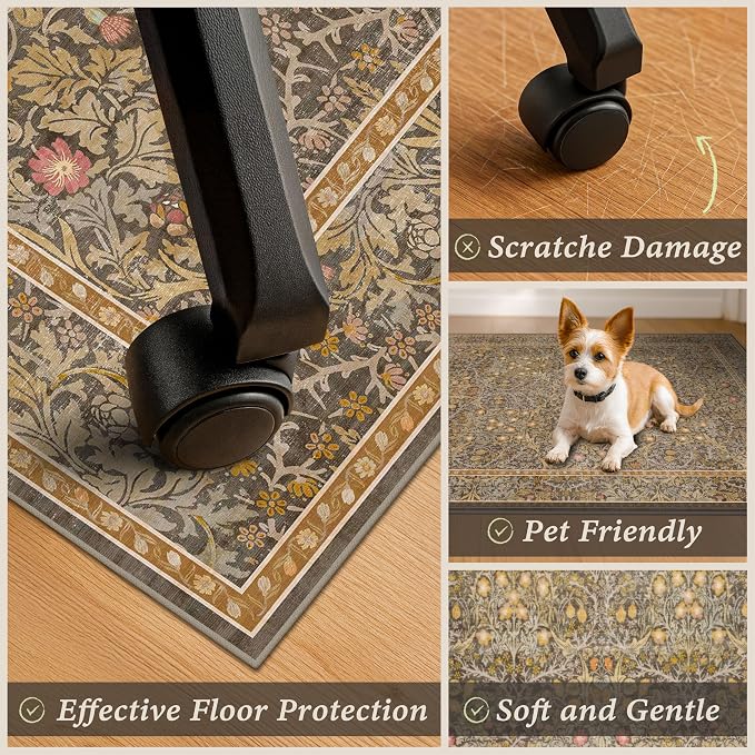 Vintage Brown Office Rugs for Rolling Chairs, 36"x48" Home Office Rug for Computer Gaming Chair, Low Pile, Slip-Resistant and Ultra Soft Area Rug for Protecting Floors, Boho Taupe Floral Design