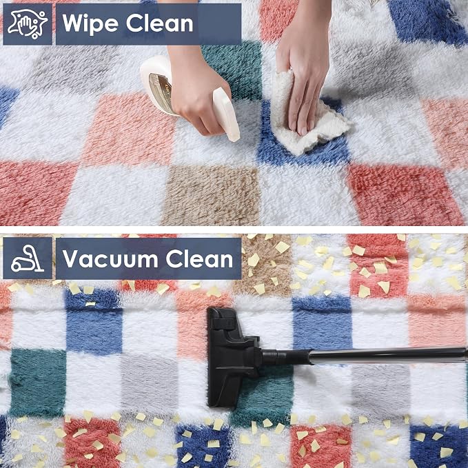 KICMOR 6x9 Area Rugs for Living Room, Large Fluffy Soft Colorful Checkered Fuzzy Shag Shaggy Bedroom Carpet, Cute Indoor Plush Rainbow Rug for Teen Kids Boys Girls Dorm Nursery Home Decor Aesthetic
