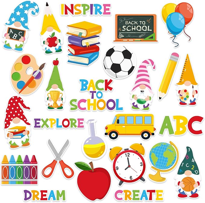 BeYumi 52Pcs Back to School Gnome Bulletin Board Decorations Set Motivational DIY Cardstock Cutouts Colorful Welcome Back to School Supplies for Classroom Chalkboard Kindergarten Nursery Wall Decor