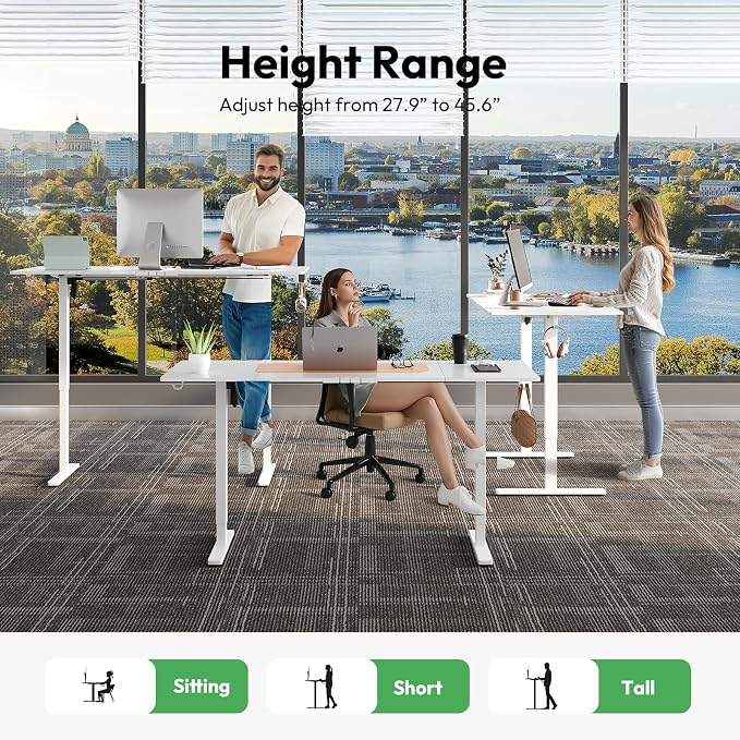 Large Electric Standing Desk,63x28 Inches Adjustable Height Stand up Desk, Sit Stand Home Office Desk, 3 Preset Heights,Equipped with Hooks,Ergonomic Computer Desk Workstation，White