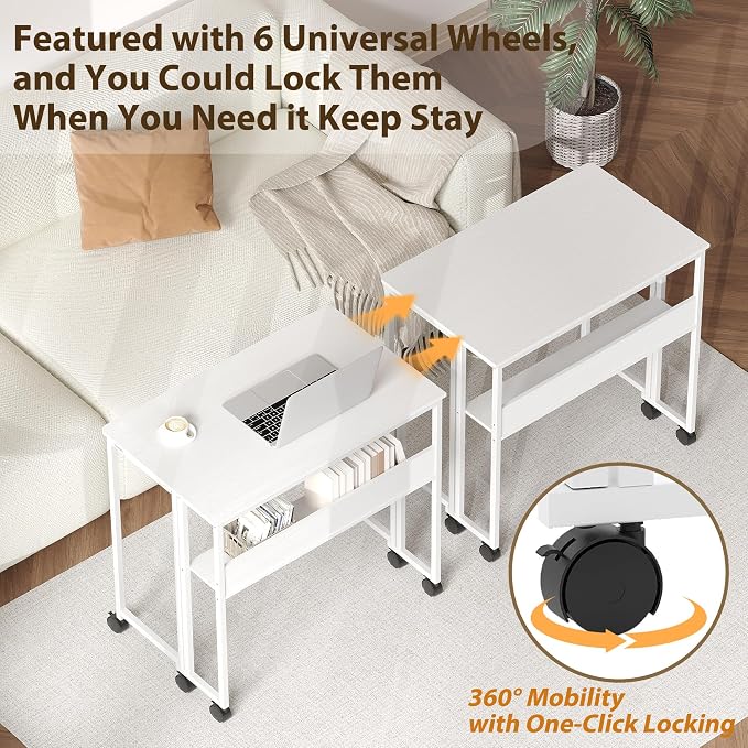 Folding Desk with Storage Shelf, 31.5 Inch Foldable Computer Table with Wheels for Small Spaces,Space Saving Sofa Table for Couch, Rolling Writing Work Office Computer Desk, Easy to Fold,White