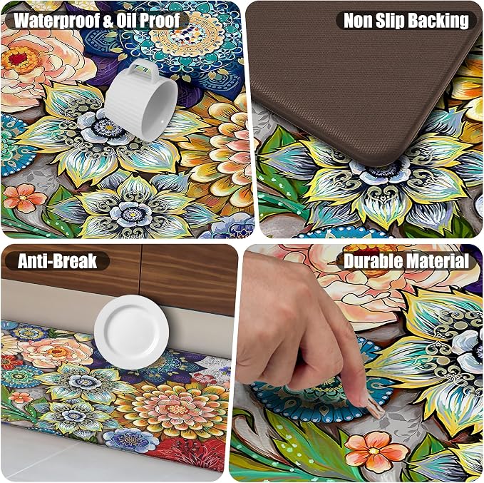 Floral Kitchen Runner Rug Mat for Floor Boho Cushioned Anti-Fatigue Mat Non-Slip Standing Desk Waterproof Comfort Floor Mat for Sink, Office, Laundry, 17.3x47 Inch
