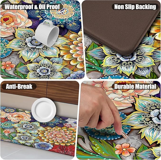 Boho Floral Kitchen Rugs Mats for Floor 2 Piece Memory Foam Padded Kitchen Mats Anti Fatigue Non Slip Cushioned Comfort Standing Mat, 17.3x28+17.3x47 Inch