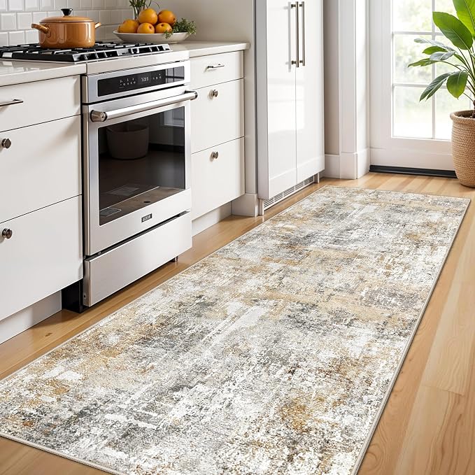 3x7 Washable Non-Slip Kitchen Runner Rug – Modern Abstract Neutral Beige & Gray Carpet for Hallway, Entryway, Bedroom, Laundry Room – Low-Pile Thin Wide Floor Runner (Gold Grey