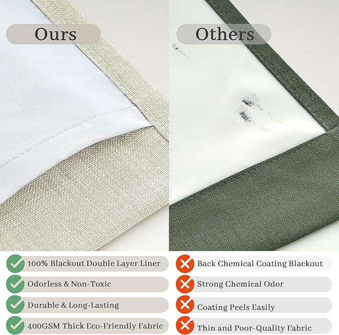 Cream Pinch Pleated Living Room Windows Curtains 98 Inches Long 2 Panels Set, Blackout Memory Trained Two Layer Flax Linen Country 96-98 Inch Length Insulated Noise Reducing Windows Drapes 40W x 98L