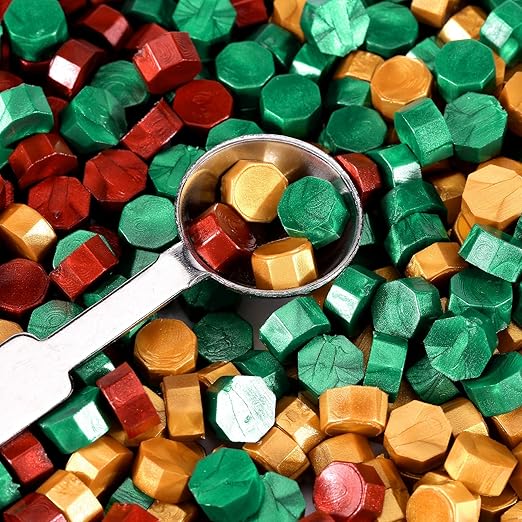 Yoption 360 Pcs Sealing Wax Beads Kit, Metallic Red, Green, Gold Christmas Wax Seal Beads with Candles and Melting Spoon
