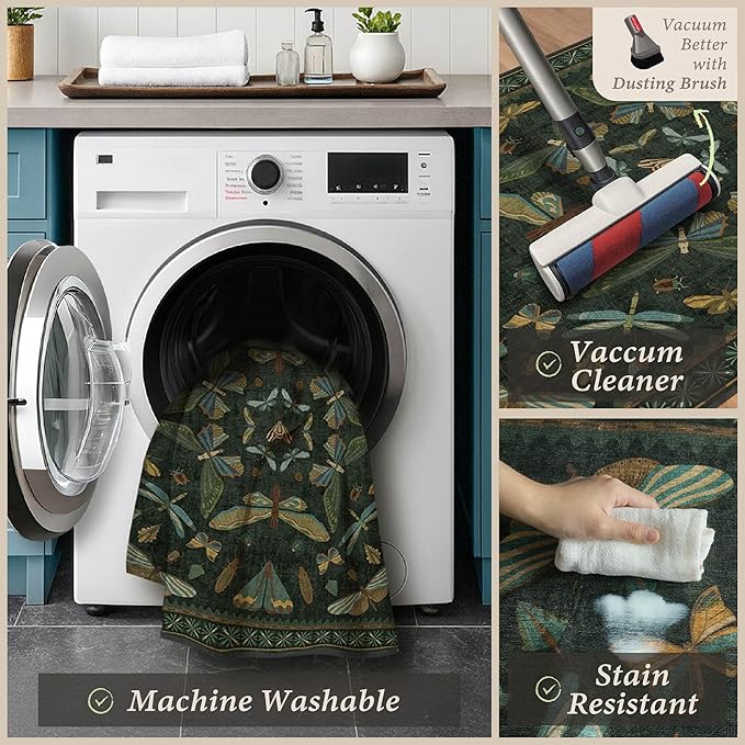 4'x5' Dark Green Office Chair Mat for Hardwood Floors, Insect Boho Design,Non-Slip Low Pile Desk Rug, 48"x60" Small Area Rug for Computer Desk Home Office, Machine Washable WFH Essential for Dorm Room
