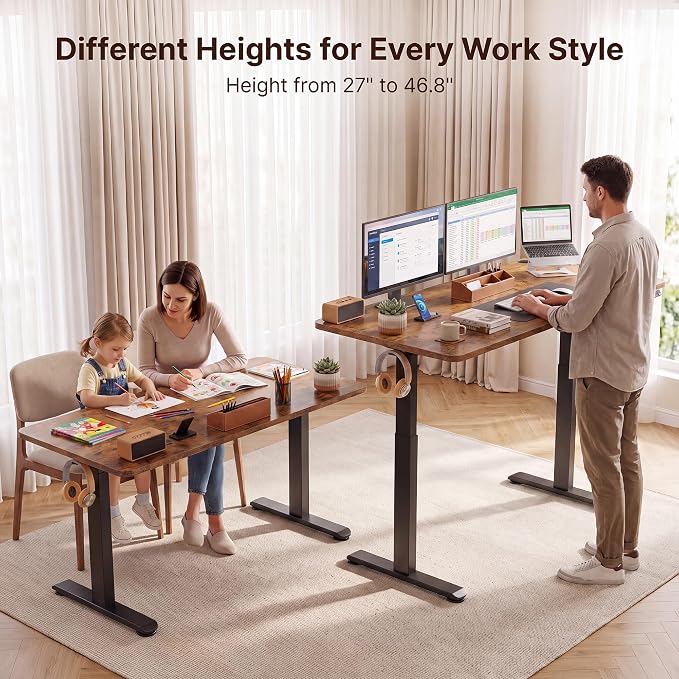 Electric Standing Desk 55 x 24 Inches Adjustable Height Sit Stand Up Desk for Home Office Computer Workstation Memory Preset with Wheels, Brown