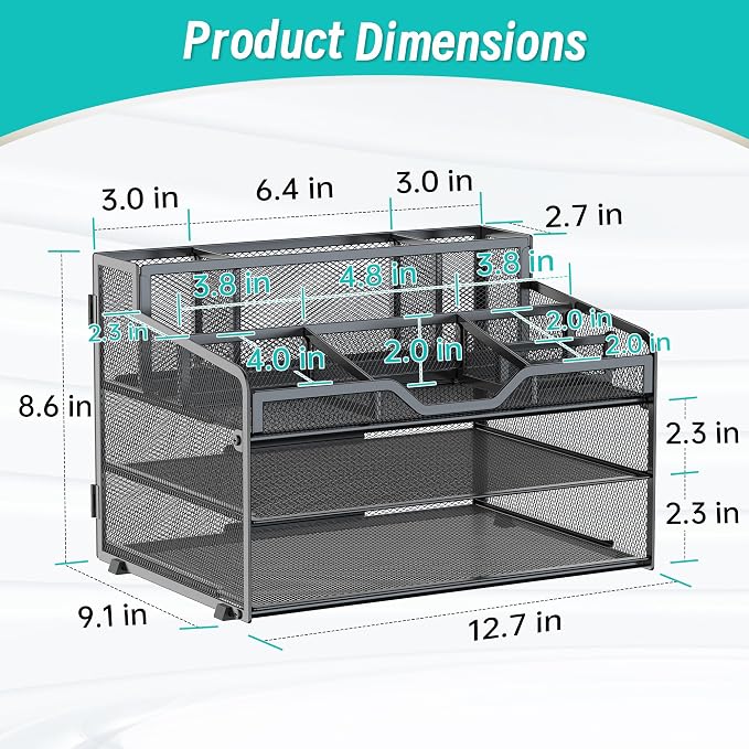 3 Tier Mesh Paper Desk Organizer with Pen Holders, Black | Features 3 pen holders, and 5 adjustable compartments for office school home desk storage