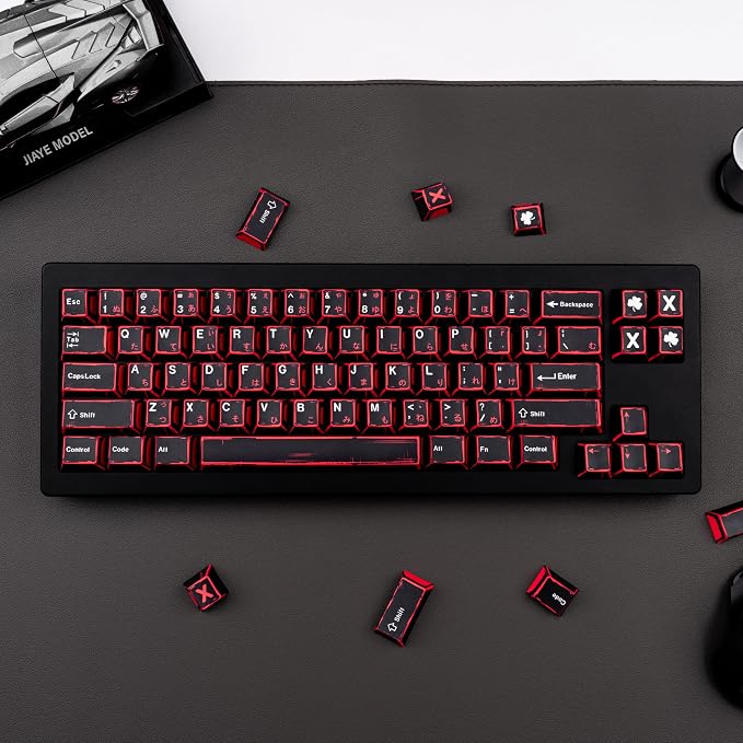 Japanese Manga Keycaps 130 Keys, Custom PBT Black and Red Keycaps, Cherry Profile Dye Sub Keycap Set Fit for 61/64/87/104/108 Cherry MX Switches Mechanical Keyboard