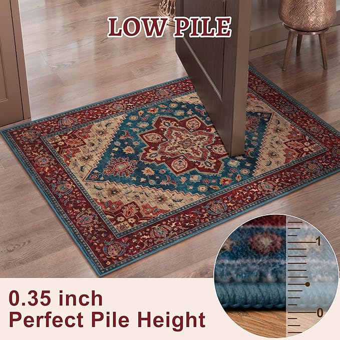 Tangsoo Oriental 6x9 Washable Area Rugs for Living Room, Vintage Indoor Non Slip Large Area Rugs, Print Distressed Carpet, Soft Boho Low Pile Rug Foldable Floor Red Rug for Bedroom Dining Room