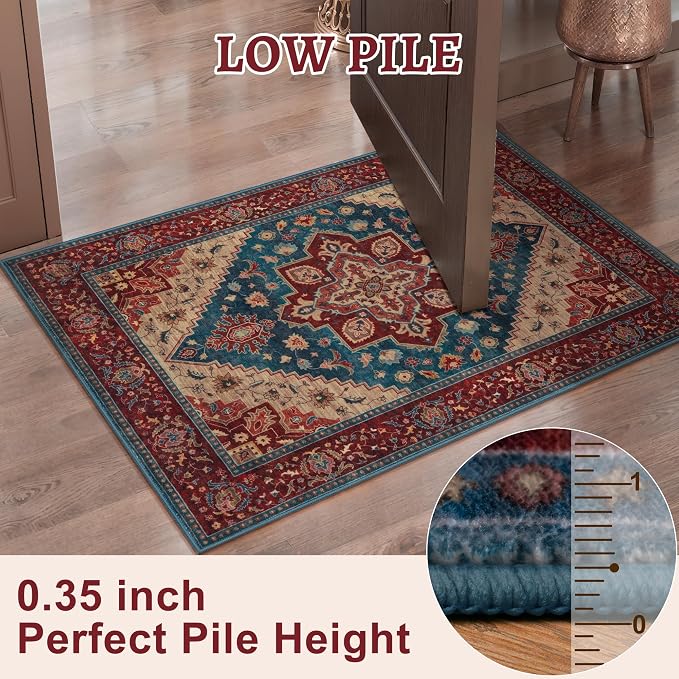 Tangsoo 2x5 Washable Runner Rug for Hallways, Non Slip Vintage Runner Rug, Soft Low Pile Long Rug Runner, Print Distressed Carpet Runners for Kitchen Bedroom Entryway Bathroom Living Room Red/Blue