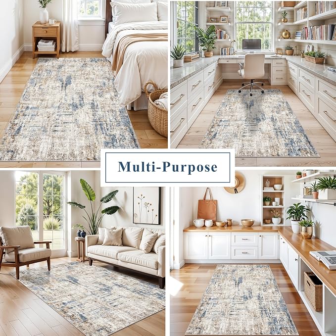 4x6 Washable Entryway Rug – Non-Slip Low-Pile Small Area Rug for Kitchen Bedroom Living Room Office – Modern Abstract Neutral Throw Carpet with Rubber Backing(Blue Brown)