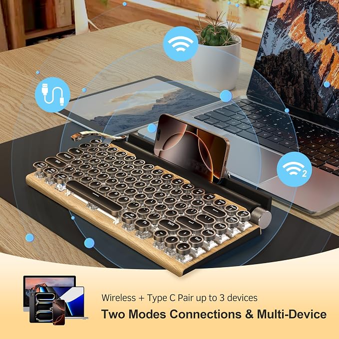 Retro Typewriter Keyboard, Wireless Mechanical Gaming Keyboard, 83-Key Hot Swap Blue Switches Punk Keycap Office Computer Vintage Keyboards with USB-C/BT5.0 for PC/Laptop/Pad/Phone, LED Backlit, Wood