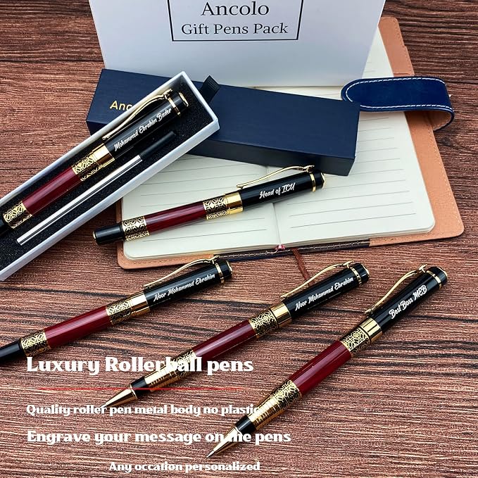 Ancolo Personalized Pens Office Gift Pen Set with 5 Pen Box 10 extra Black Refills Engraved with your Message Names Company Names Phone Number Gift for Colleague Friends Business