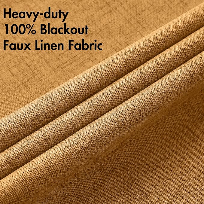 MIULEE 100% Blackout Linen Textured Curtains for Bedroom Solid Thermal Insulated Mustard Yellow Grommet Room Darkening Curtains & Drapes Luxury Decor for Living Room 52 x 108 Inch (2 Panels)