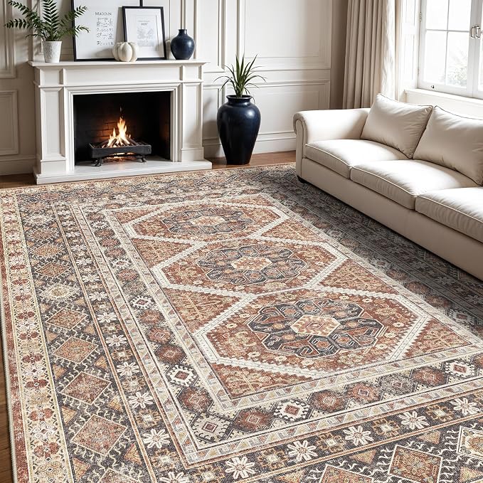 10x12 Area Rug for Living Room: Vintage Oriental Washable Rug for Bedroom Dining Room with Non Slip Rubber Backing Stain Resistant Low Pile Large Carpet Home Office (Brick, 10x12)