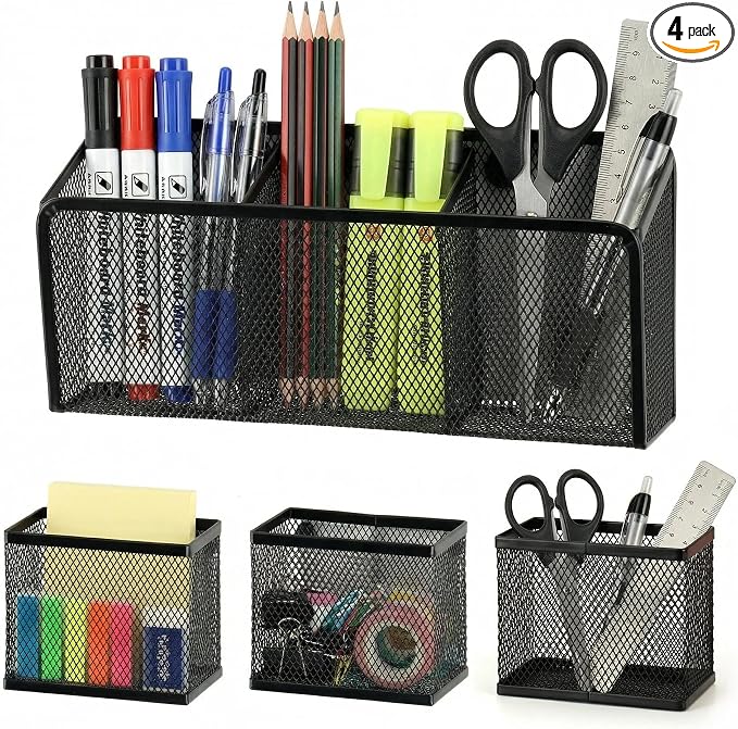 Neudeco Magnetic Pencil Holder, Black, Pack of 4 | Metal Mesh Storage Basket, Locker Shelf Organizer, For Whiteboard & Refrigerator, School & Office Supplies