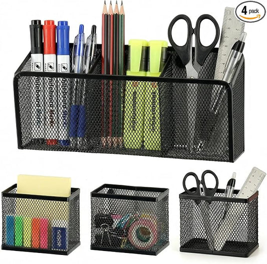 Neudeco Magnetic Pencil Holder, Black, Pack of 4 | Metal Mesh Storage Basket, Locker Shelf Organizer, For Whiteboard & Refrigerator, School & Office Supplies
