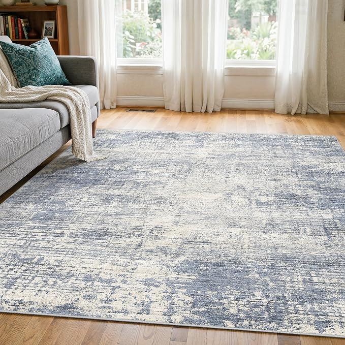 Washable Abstract 5x5 Square Rug: Low Pile Throw Rugs with Non Slip Rubber Backing Stain Resistant Carpet Soft Rugs for Entryway Living Room Bedroom (Blue Gray,5x5 Square)