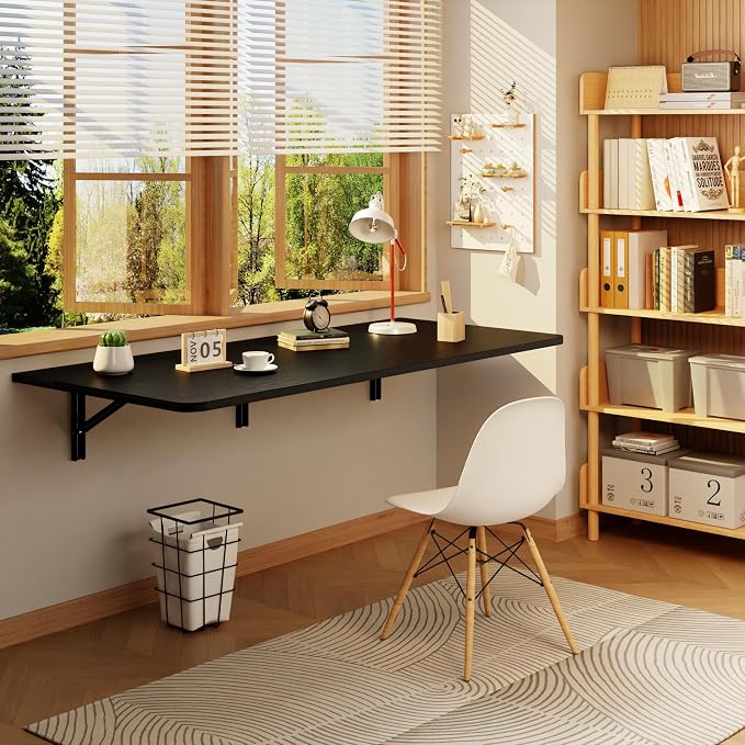 IAE Wall Mounted Floating Foldable Desk, 48" x 22" Folding Computer Workstation Table with Engineered Wood and Metal Shelf Brackets,Fold&Floating Design for Home Office, Apartment,Laundry Room,Black