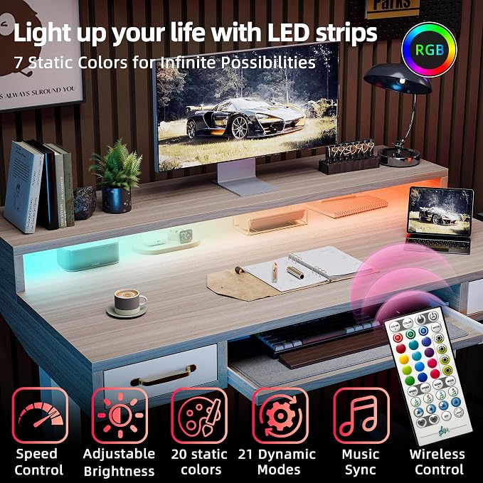 TIQLAB Standing Desk with Two Drawers, Stand Up Standing Desk Adjustable Height, Electric Sit Stand Table with Storage Shelf and Splice Board, with LED Light, 55 * 28 inch, Light Walnut