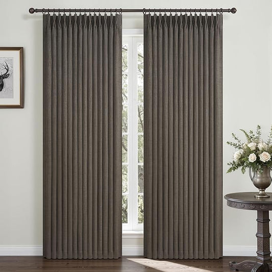 Memory Shape Pinch Pleated Blackout 86 Inch Bedroom Curtains 2 Panels Set, Chocolate Tart Thick Linen Two Layer Insulated Sound Dampening Energy Efficient Nursery Natural Window Drapes with Back Tab