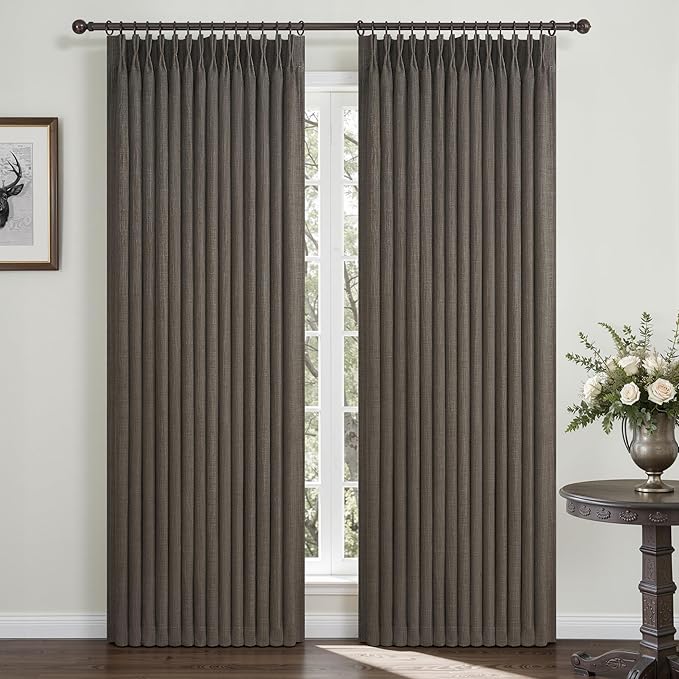 Chocolate Tart Pinch Pleated Curtains 2 Panels Set 90 Inches Long for Kids Room, Blackout Memory Trained Double Layer Thick Linen Soundproof Heat Blocking Nursery Coffee Windows Drapes 7-1/2 FT