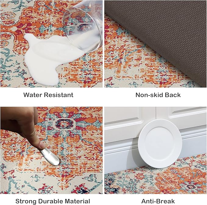 MAYHMYO Boho Kitchen Mat Anti Fatigue Ethnic Kitchen Cushioned Floor Mat Orange Blue Kitchen Rugs Non Slip Cool Rugs for Kitchen Floor Office
