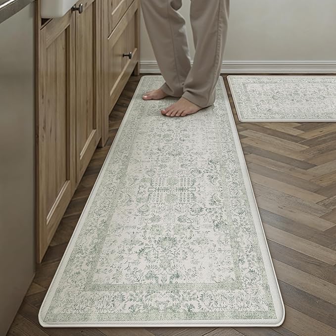 Kitchen Mats 2PCS Anti Fatigue Cushioned Mat Light Green Vintage Kitchen Mats for Floor Waterproof Non Slip Comfort Standing Retro Floral Rug for Sink Laundry Office 17.3"x59"+17.3"x30"