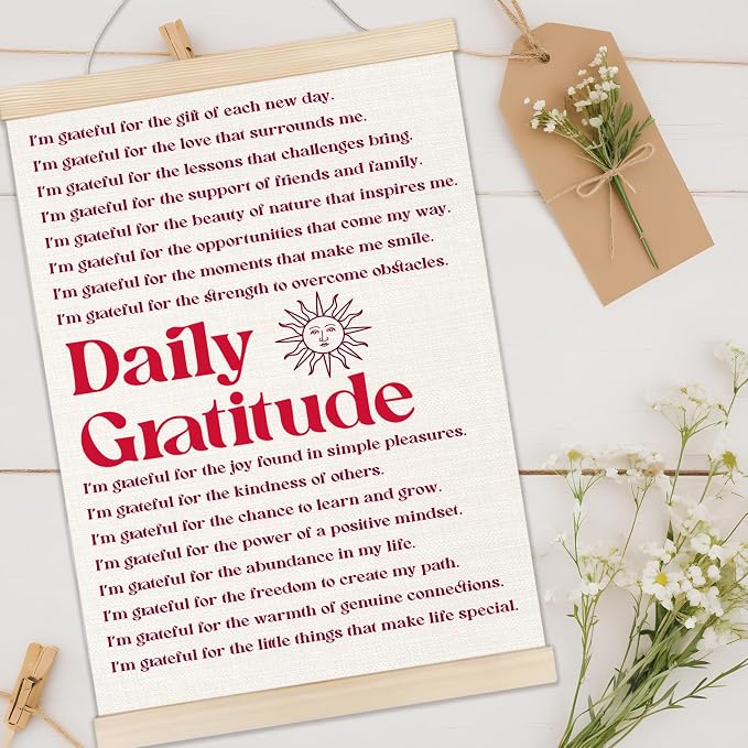 Welshower Vintage Daily Gratitude Positive Affirmations Poster Hanger Frame, Retro Motivational Wall Art Prints Decor for Home Bedroom Dorm Office Yoga Studio Framed, 12x16 Inch（pink）