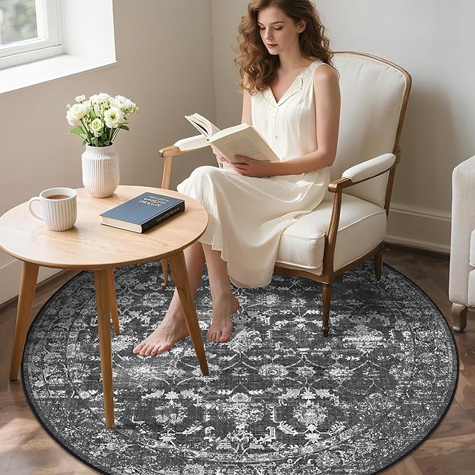 5ft Black Round Washable Area Rug for Living Room Vintage Boho Non Slip Circle 5x5 Rug Distressed Floral Carpet Indoor Retro Soft Low Pile Farmhouse Throw Rug for Bedroom Nursery Office