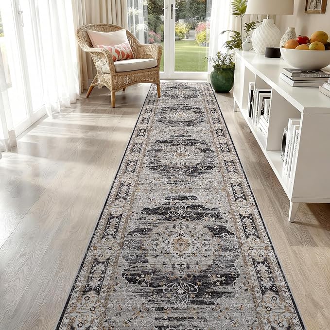 2x10 Runner Rug for Hallway Washable: Non Slip Kitchen Rugs with Rubber Backing Soft Waterproof Wide Mats Stain Resistant Low Pile Carpet for Entryway Bedroom Bathroom Laundry Home Decor Black/Gray