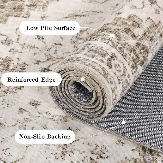 2.6x8 Taupe Vintage Runner Rug Hallway Washable Area Rugs Non Slip Boho Medallion Long Rug Distressed Retro Carpet Floral Soft Low Pile Indoor Throw Rug for Kitchen Bedroom Bathroom Dining Room Office