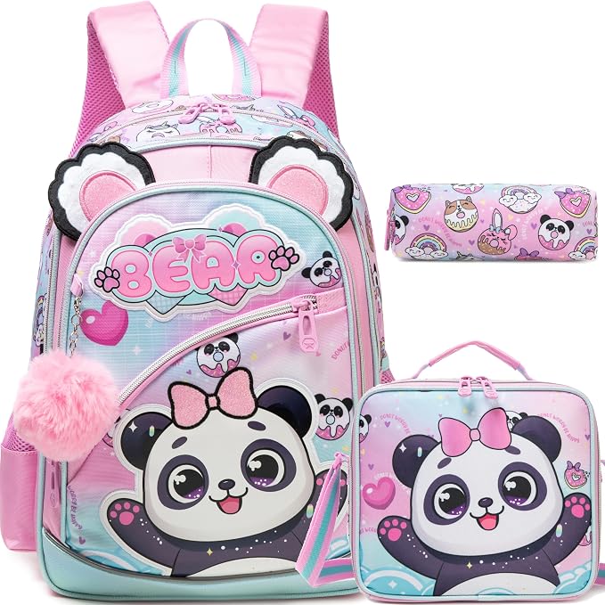 Meetbelify Backpack for Girls Cute Panda School Bag with Lunch Box for Elementary Student Kids Bookbag for Girls 8-10