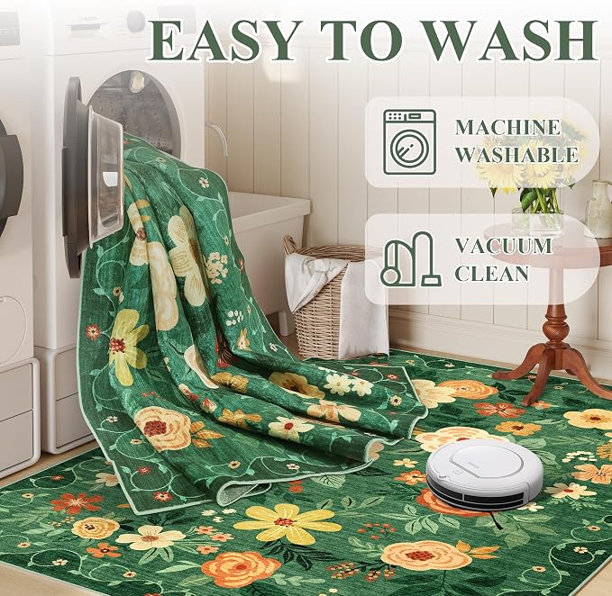 DUKINO 3x8 Runner Rug, Washable Rug for Kitchen with Non Slip Backing, Soft Non Shedding & Low Pile Design Long Floor Carpet Runner for Hallway, Bathroom, Entryway, Laundry, Dark Green