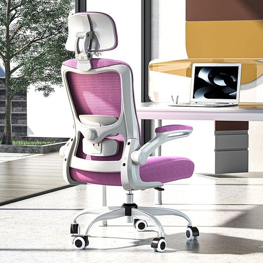 Ergonomic Office Chair, High Back Mesh Desk Chair with Adjustable Lumbar Support & Headrest, Flip-up Armrest, Computer Task Chairs for Home and Executive Office (W-Purple)