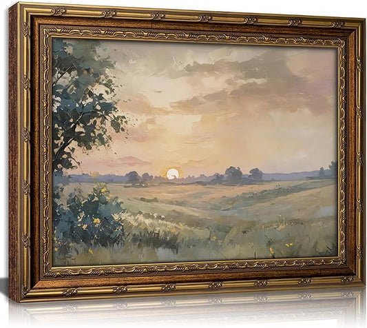 Vintage Gold Framed Wall Art Retro Fall Sunset Country Oil Painting Canvas Prints Watercolor Autumn Landscape Picture Rustic Farmhouse Soft Nature Poster Artwork for Living Room Bedroom, 9x11in