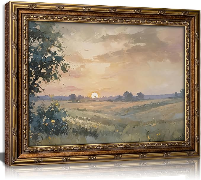 Vintage Gold Framed Wall Art Retro Fall Sunset Country Oil Painting Canvas Prints Watercolor Autumn Landscape Picture Rustic Farmhouse Soft Nature Poster Artwork for Living Room Bedroom, 16x24in
