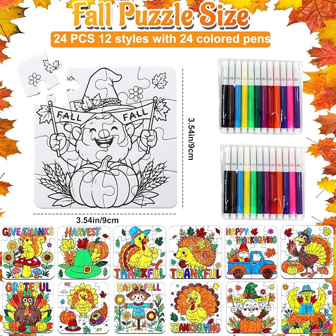 24Set Fall Thanksgiving Crafts for Kids Toddlers Adults, Thanksgiving Art Craft DIY Kit Blank Puzzle Pumpkin Turkey, Autumn Classroom Activities for Party Favors Gift Coloring Games Toys Supplies Bulk
