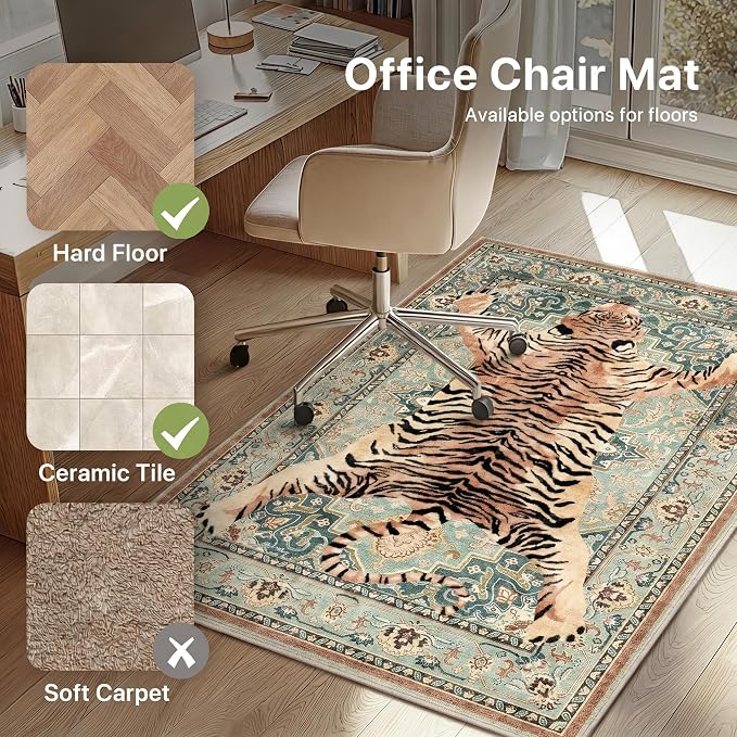 36"x60" Office Chair Mat for Hardwood Tile Floor, Under Desk Carpet Protector for Rolling Computer Chair Mat, Machine Washable Area Rug, Anti-Slip 1/5" Thick Low Pile Thin Vinyl Floor Mat, Tiger Green