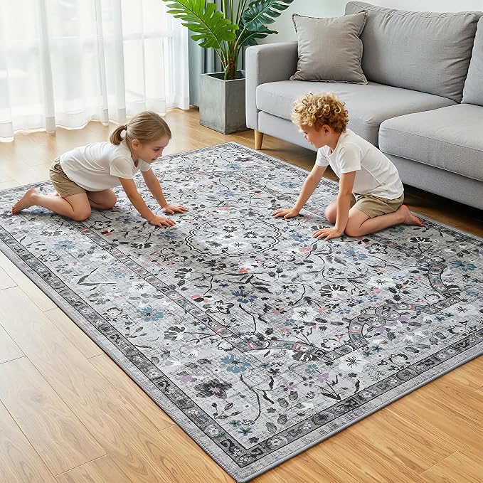 Vasofe 4x6 Area Rug for Bedroom, Washable Rugs for Living Room, Laundry, Kitchen, Vintage Floral Indoor Non Slip Carpet Farmhouse Grey Throw Carpets Soft Low Pile Mat for Dorm Bedside Office