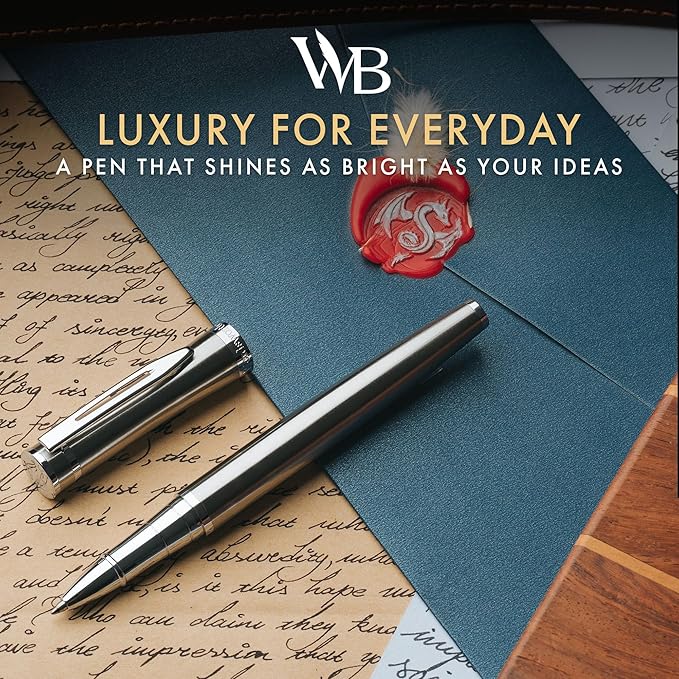 Wordsworth and Black Rollerball Pen - Luxury Pen - Chrome Finish, Silver Lacquer, Ink Refill, Refillable Gift for Men & Women, Professional Writing, Nice and Fancy Pens and for Work