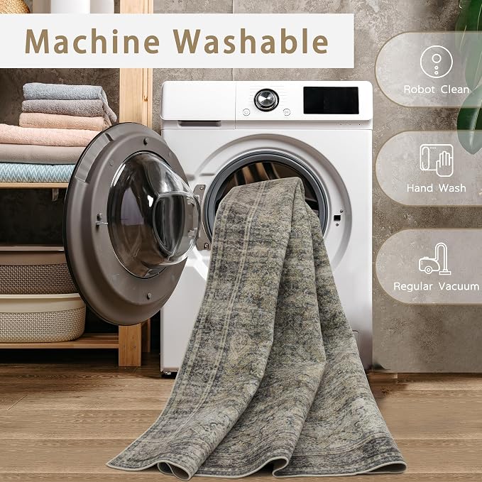 Srugn Washable Rugs 8x10 Area Rugs for Living Room,Bedroom and Dining Room-Large Ultra Soft Faux Wool Retro Carpets,Non Slip&Non-Shedding Low Pile Vintage Print Home Office Rug-Brass Green-Brown-Olive