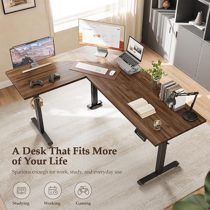 Klicelor L Shaped Standing Desk 63 x 48 Inch, Electric Height Adjustable Corner Desk for Home Office Workstation, Ergonomic Sit Stand Computer Table with Memory Controller, Dark Walnut