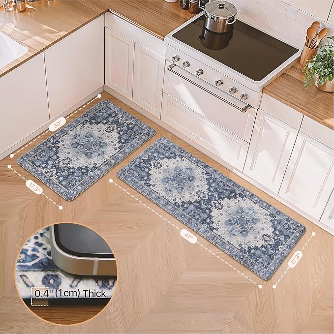 GENIMO Anti Fatigue Kitchen Mats for Floor 2PCS, Cushioned Standing Mats | 17.3"x47"&17.3"x30", Navy Blue vintage boho rug set, waterproof, non-slip, easy-clean for home laundry sink farmhouse