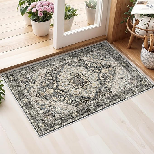 Washable Oriental Area Rug - 2x3 Rugs for Living Room Soft Carpet for Bedroom Waterproof Floral Distressed Indoor Stain Resistant Non-Shedding Floor Carpets (Black/Grey, 2x3)